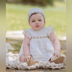 Ivory Linen Baby Dress Bonnet Set